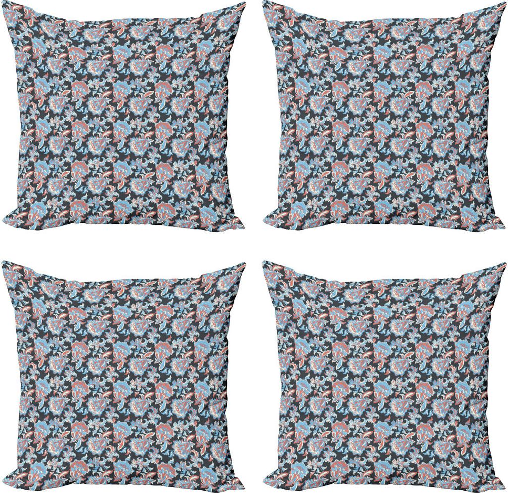 ABAKUHAUS Blumen Kissenbezug Set (4 Stück), Retro Folk-Blüten, Moderner Doppelseitiger Digitaldruck, 50 cm x 50 cm, Koksgraue Coral Blue