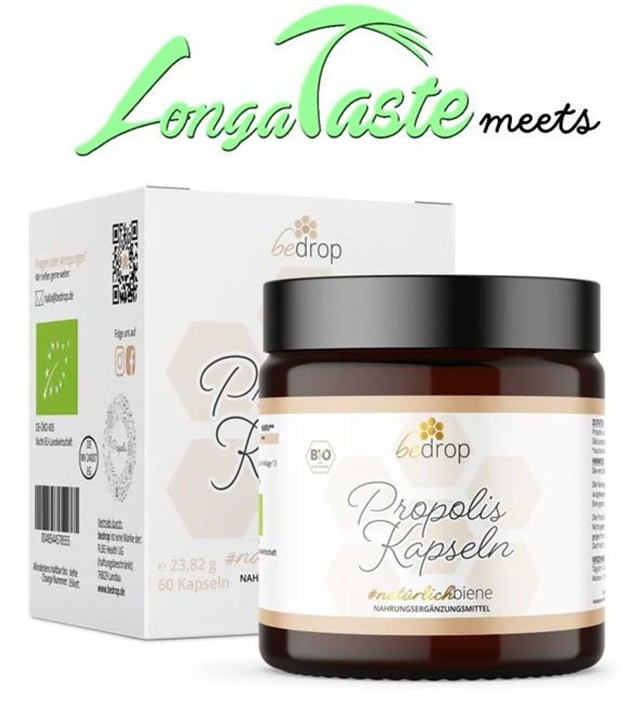 A product shot of a jar of propolis capsules and its packaging, with a logo and text.