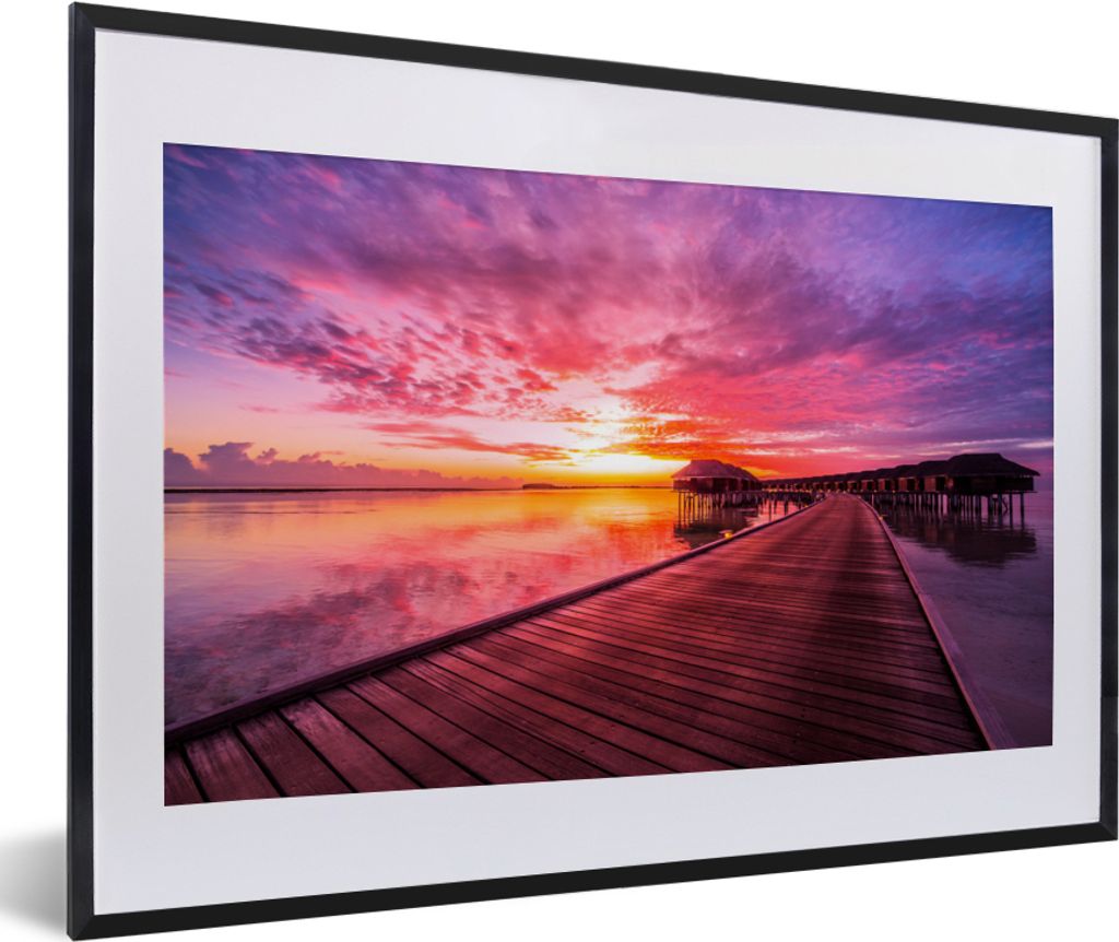 MuchoWow Gerahmtes Poster Steg - Wasser - Sonne - Rosa - Horizont 60x40 cm - Poster mit Schwarzem Bilderrahmen Wandposter Rahmen Foto Bilder - Sc...