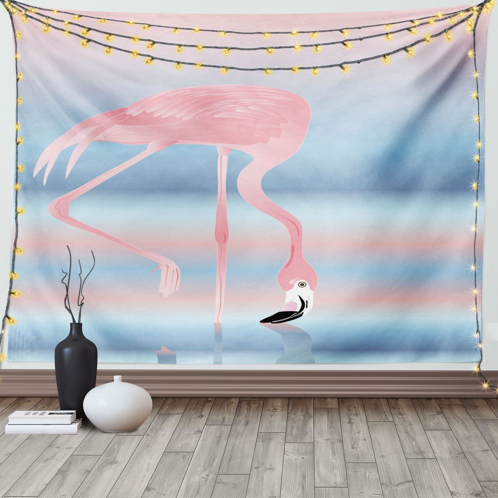 ABAKUHAUS Flamingo Wandteppich, Vögel in Love Lake, Wohnzimmer Schlafzimmer Heim Seidiges Satin Wandteppich, 200 x 150 cm, Rosa Blau