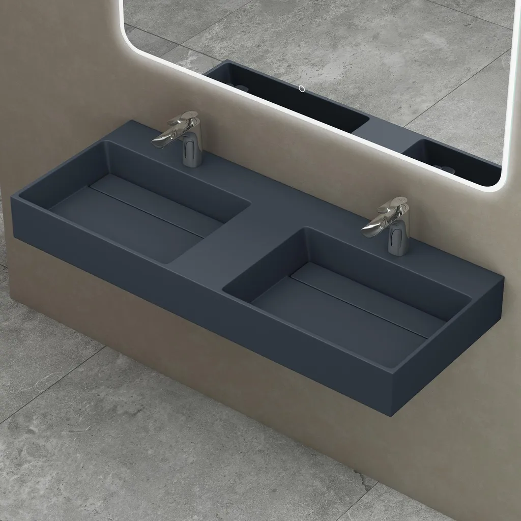 Double Vasque 120cm Rectangulaire Gris Mat idéale pour Rénovation Salle de Bain