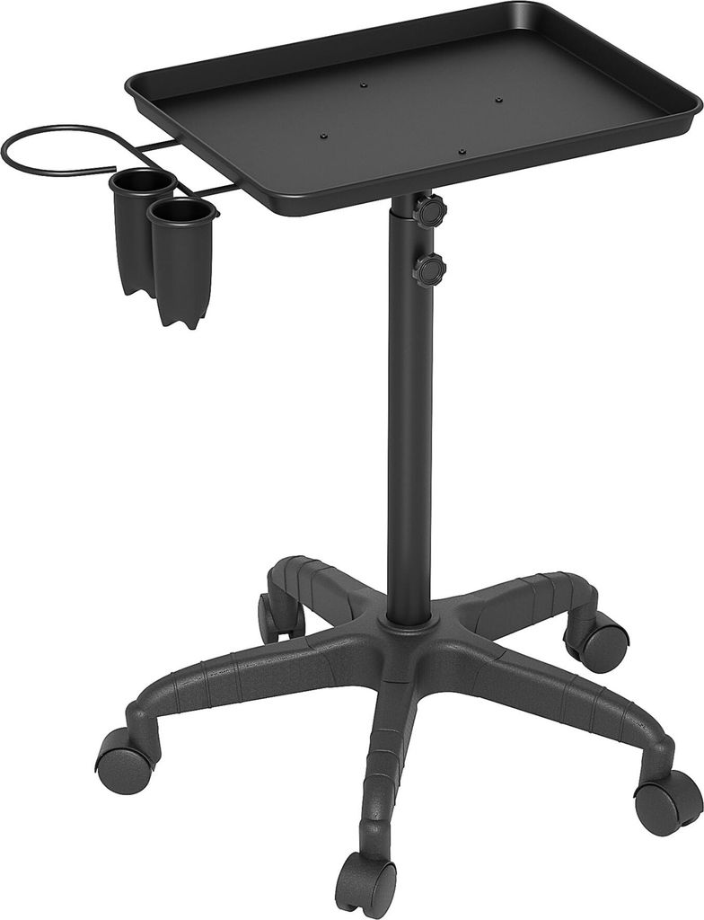 TRMLBE Friseurwagen mit Rollen, Friseur Salon Rollwagen 71-110cm Höhenverstellbar Kosmetikwagen aus MDF+Metall+PVC, inkl. Ablagefläche Tablettwagen