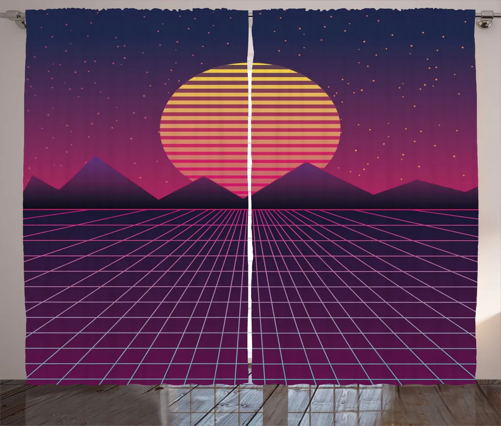 ABAKUHAUS Synthwave Rideau Rustique 280x225 cm Motif Soleil et Montagne