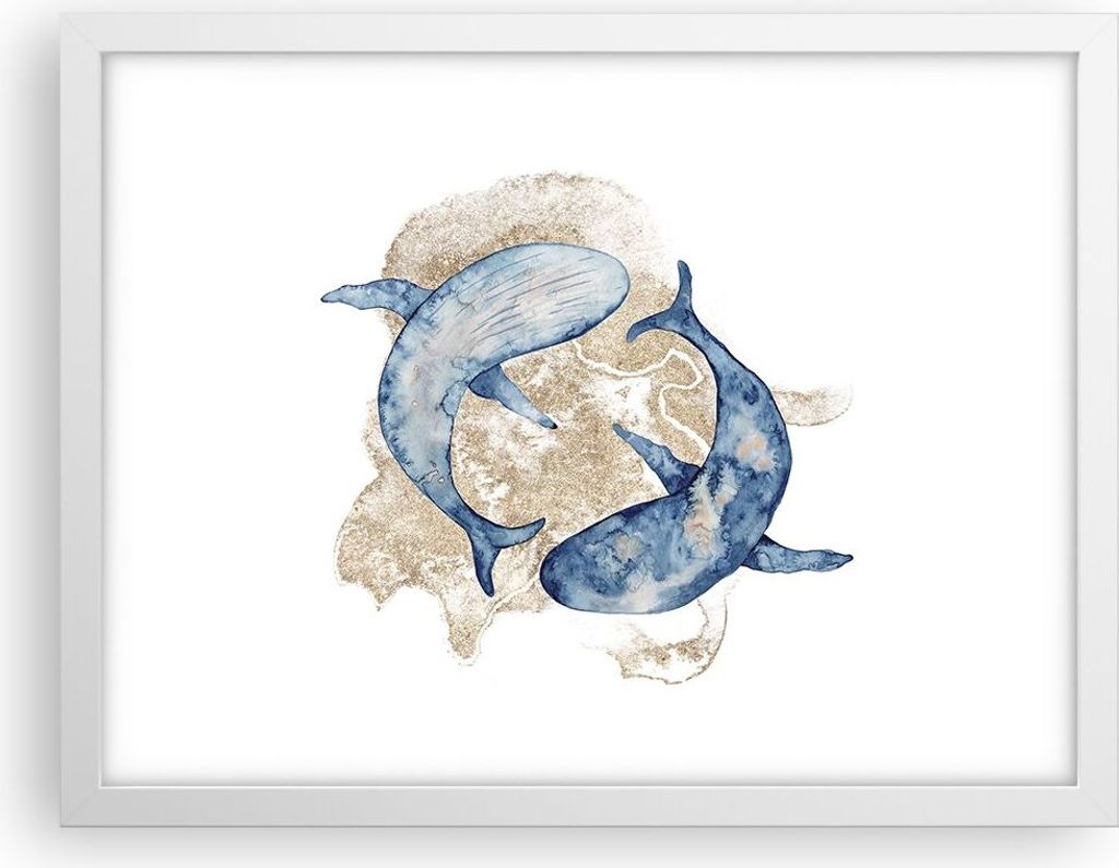 Gerahmtes Poster - Weißer Rahmen - Wal Aquarell Gold - 40x30 cm - Wand Bild - Wanddeko - Wandbilder - Kunstposter - Wandposter - Bilderrahmen - Bi...