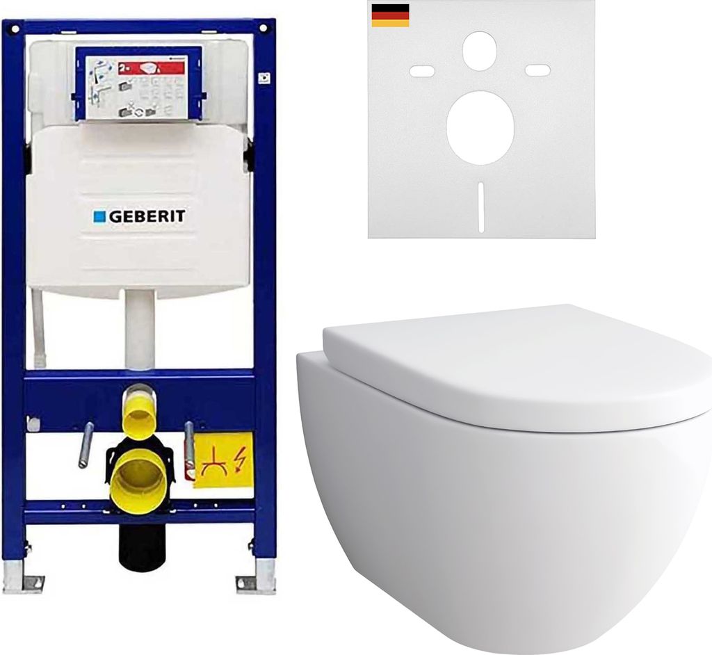 Alpenberger Hänge WC Spülrandlos mit Toilettendeckel D Form | Dusch WC Set | Kloschüssel mit Geberit Spülkasten | Taharet WC mit Vorwandelement...