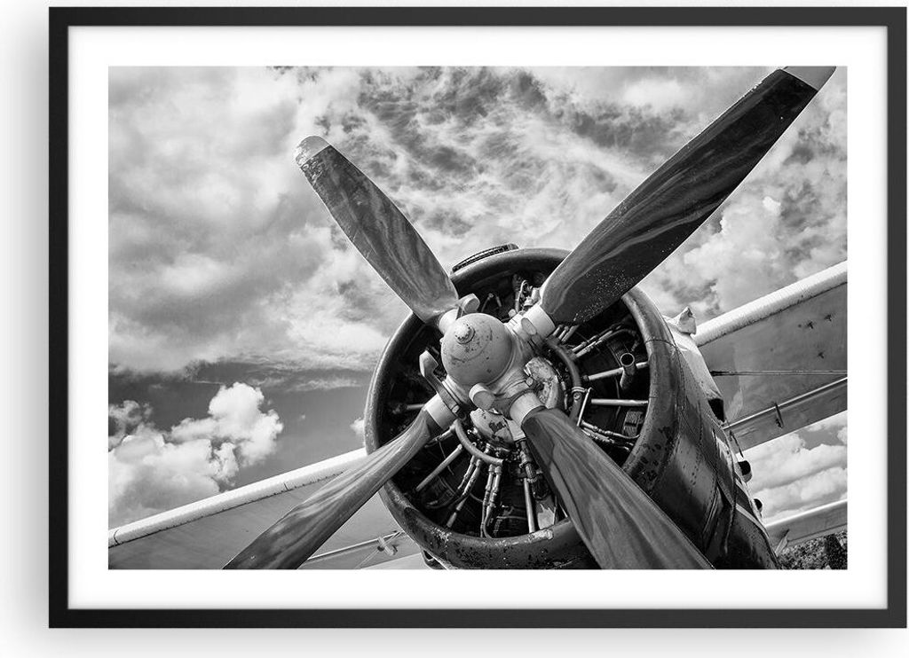 Gerahmtes Poster - Schwarzer Rahmen - Motor Schwarzweiß Propeller - 70x50 cm - Wand Bild - Wanddeko - Wandbilder - Wandposter - Bilderrahmen - Bil...