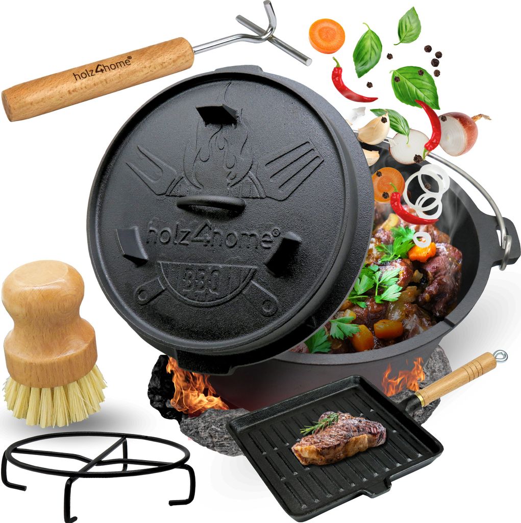 holz4home 6-teiliges Dutch Oven Set I 9L Feuertopf Gusseisen I Mit Grillpfanne Deckelheber Reinigungsbürste Untersetzer I Schmortopf zum Camping