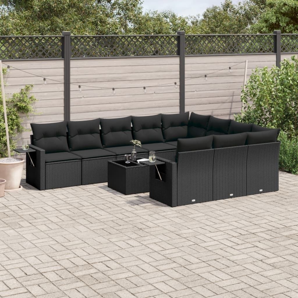 11-tlg. Garten-Sofagarnitur mit Kissen Schwarz Poly Rattan 3220694