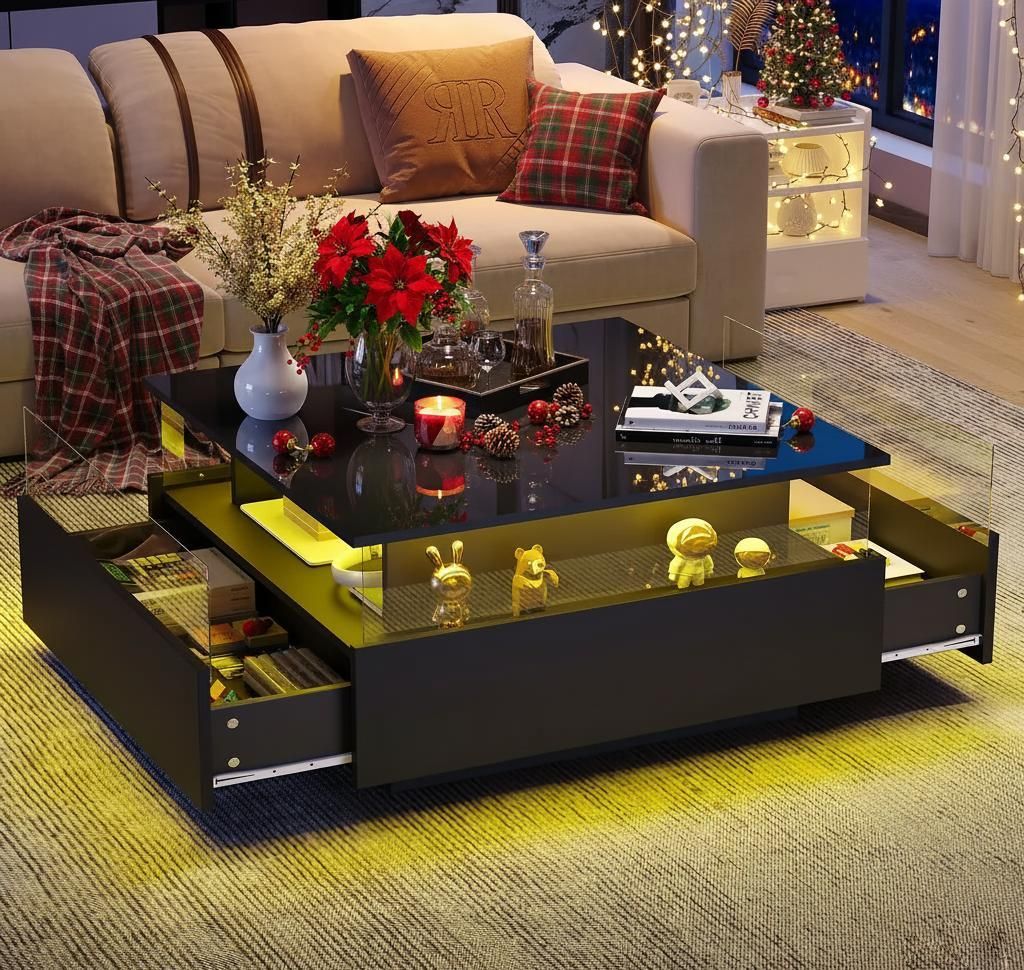 OKWISH Table Basse - Carrée avec 2 Tiroirs et Vitrine Image du produit 