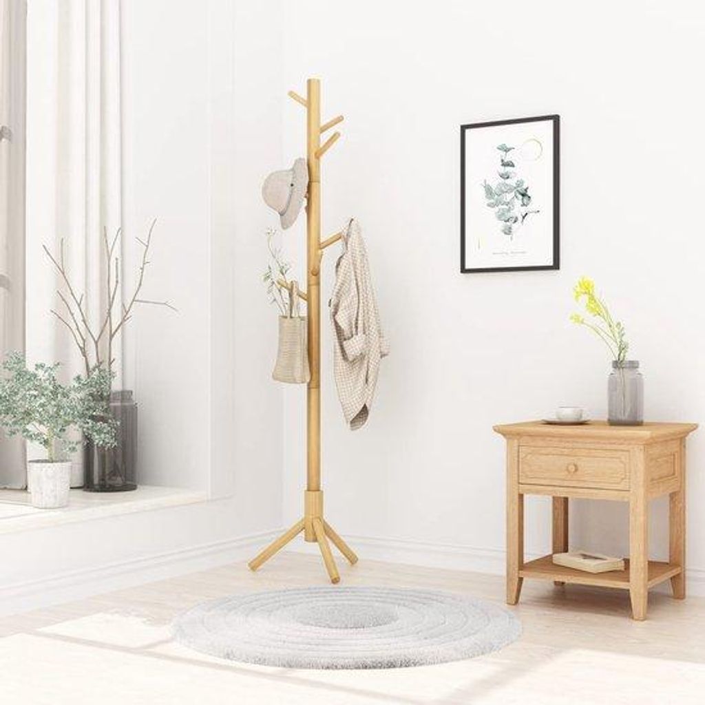 Unyqoos freistehender Holzgarderobe mit 8 Haken für Jacken, Hüte und Taschen im baumförmigen Design