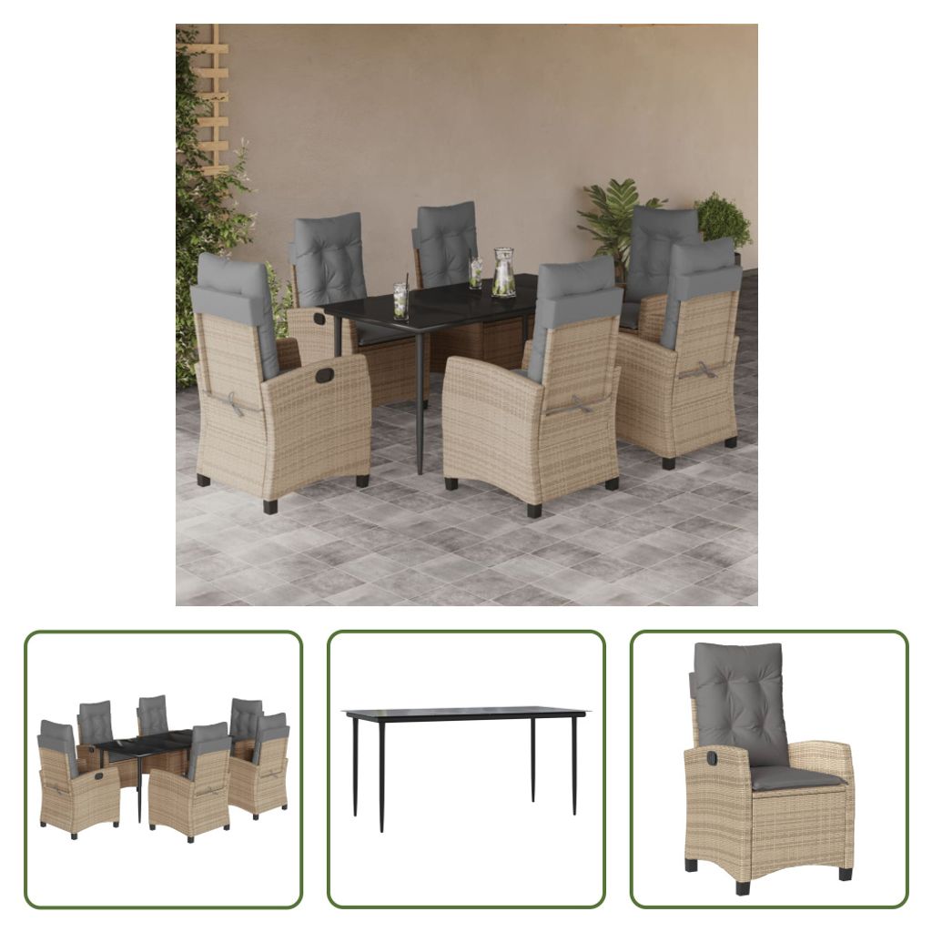 The Living Store 7-tlg. Garten-Essgruppe mit Kissen Beigemischung Poly Rattan