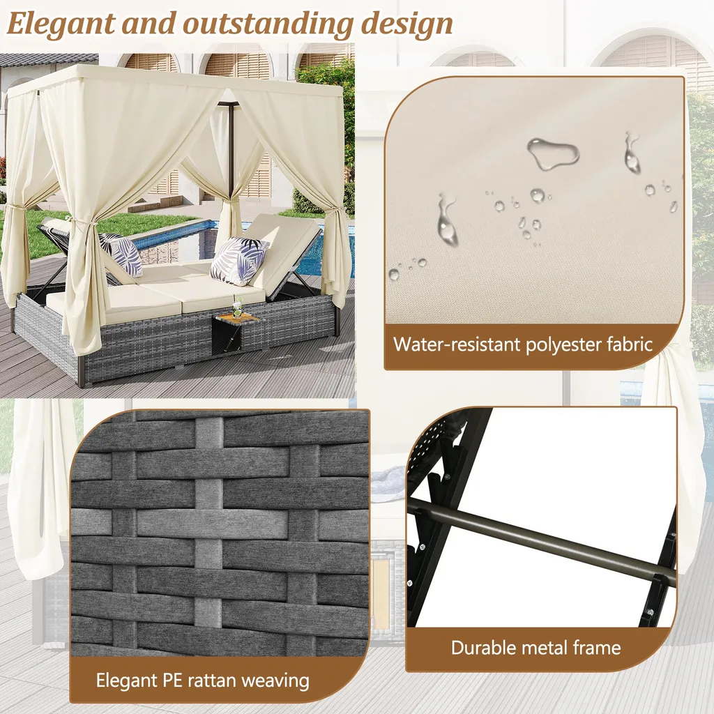 Bain de soleil double avec toit réglable et table pliante pour terrasse - 5