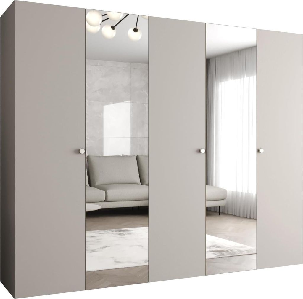 MEBLE KRYSPOL Schrank 250x202x52 cm mit Kleiderstange & Spiegel, 5xTür, PARMA, Kaschmir, Griff Silber