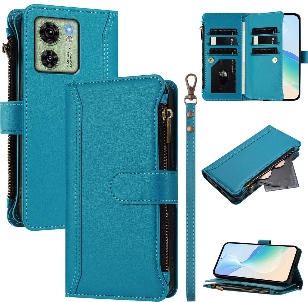 Handyhülle für Motorola Moto Edge 40/Edge 2023 Reißverschluss Geldbörse Kunstleder Klapphülle mit Kartensteckplatz, Ständer, Handschlaufe Blau