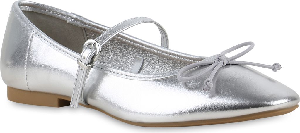 VAN HILL Damen Riemchenballerinas Ballerinas Klassische Schleifen Schuhe 841721, Farbe: Silber, Größe: 37