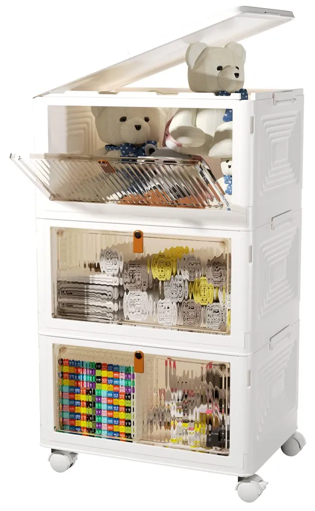 Lot de 3 bacs de rangement pliables 63L avec portes et roulettes blanc