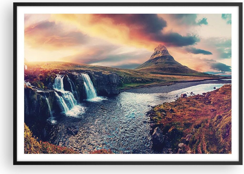 Gerahmtes Poster - Schwarzer Rahmen - Wasserfall Himmel Berg - 100x70 cm - Wand Bild - Wanddeko - Wandbilder - Kunstposter - Wandposter - Bilderrah...
