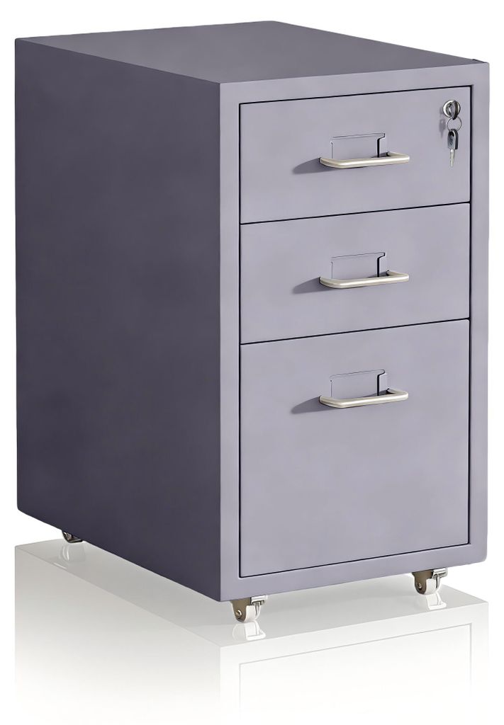 Relaxdays Rollcontainer, 3 Schubladen, HxBxT: 45,5 x 28 x 41 cm, abschließbar, Aktenschrank auf Rollen, Metall, grau