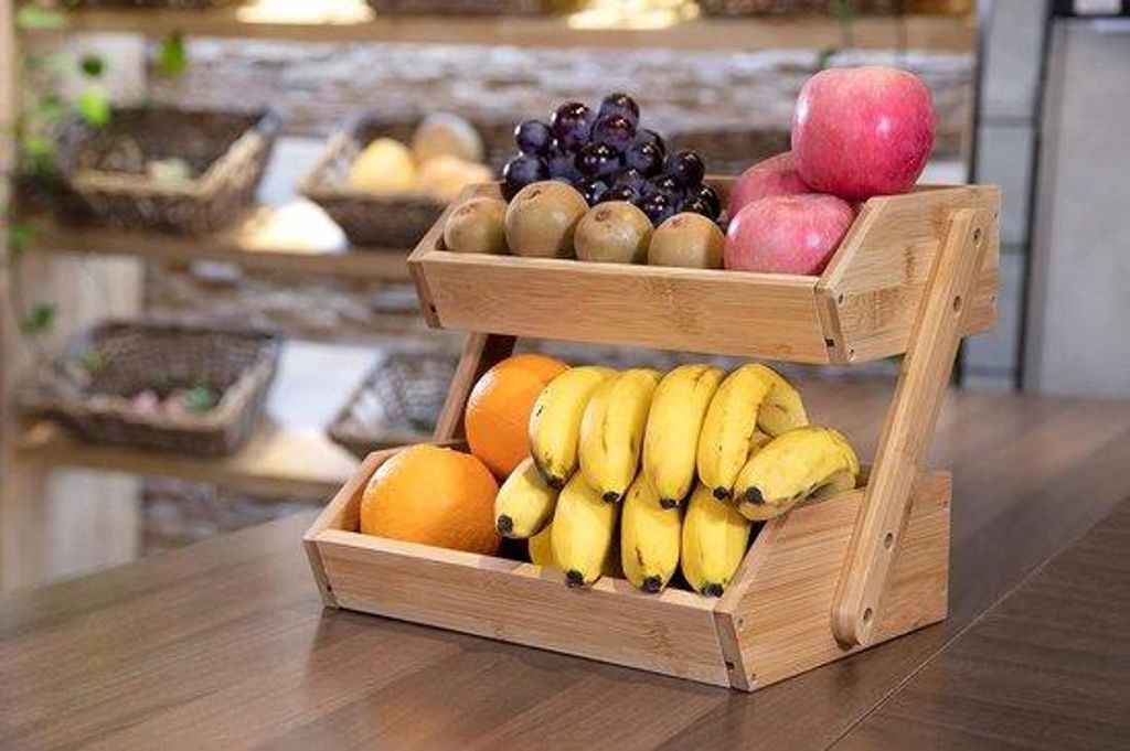 Bamboe fruitmand, houder voor fruit, met 2 lagen, voor aanrecht, decoratieve fruitschaal, groente, brood, opslagstandaard voor in de keuken wordt o...