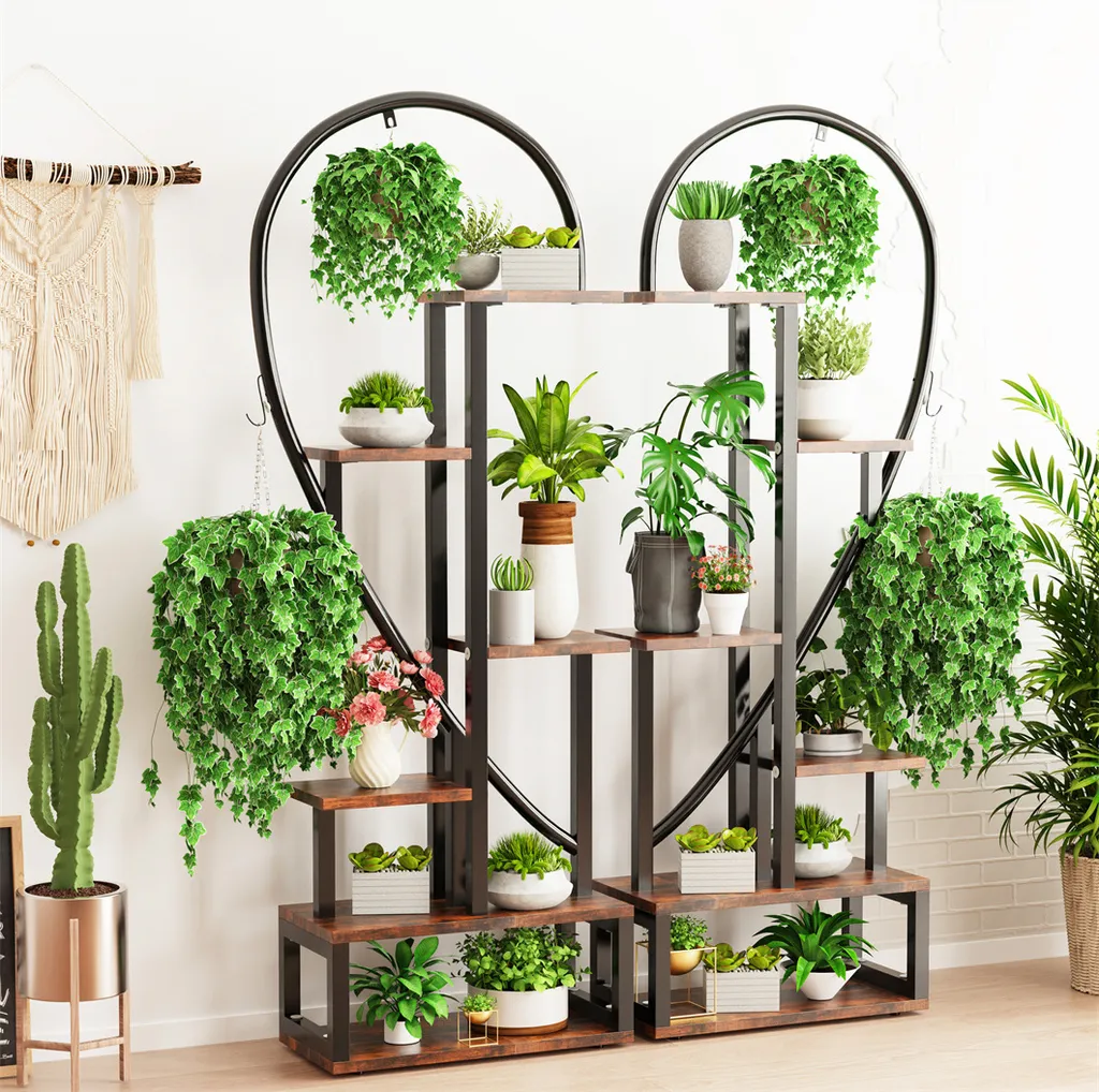 Support Plantes Haut 165cm en Acier - 6 Niveaux et Crochets de Suspension