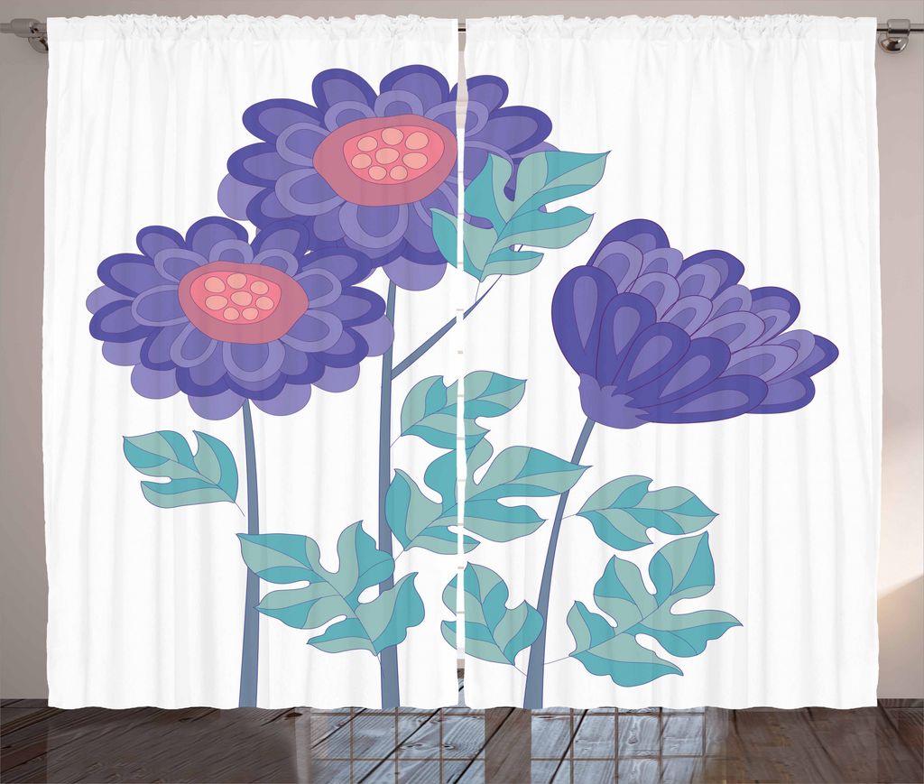 ABAKUHAUS Aster Rustikaler Gardine, Zierblumenbouquet, Schlafzimmer Kräuselband Vorhang mit Schlaufen und Haken, 280 x 175 cm, Violet Coral Seafoam