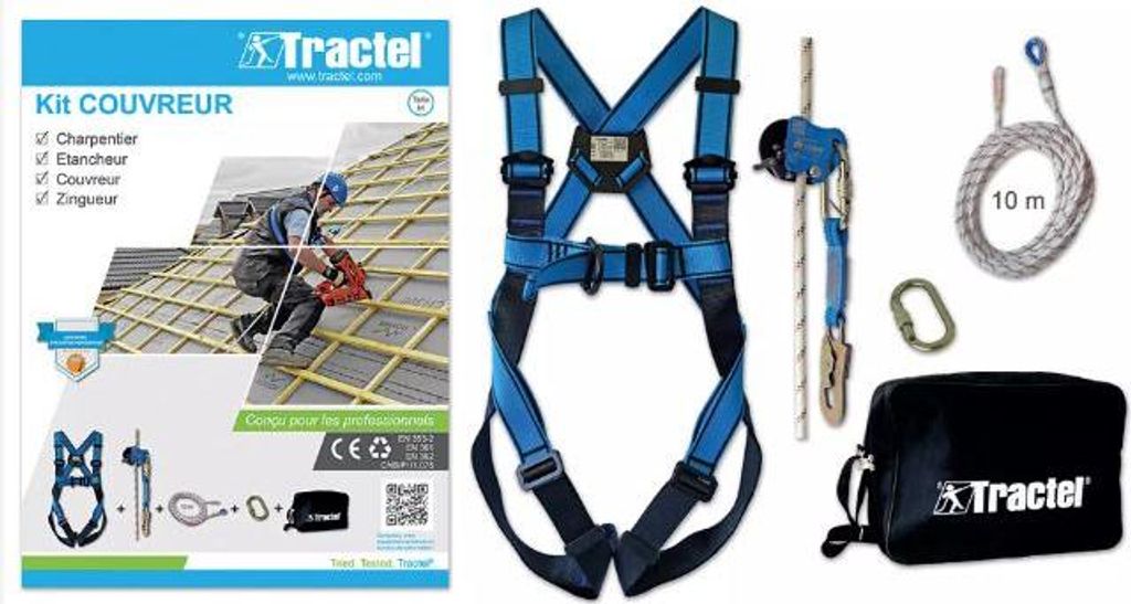 TRACTEL Dachdecker-Set Auffanggurt + Höhensicherungsgerät + 10 m Seil - 70162