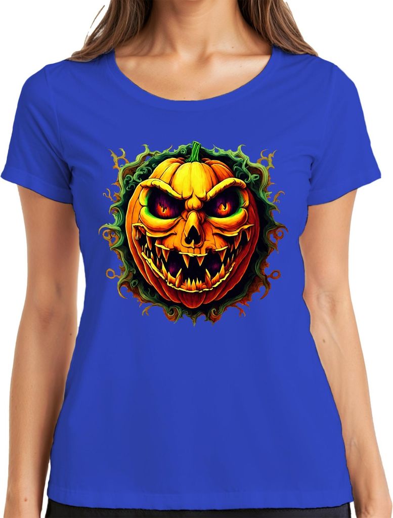 Horrorkürbis Grusel Kürbiskopf Halloween Jack O Lantern Schaurig Damen T-Shirt, Blau, 3XL