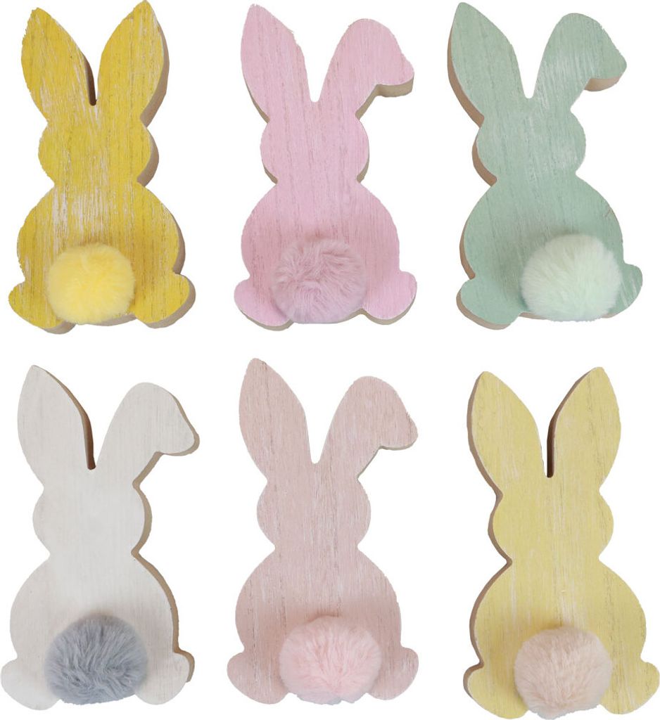 Osterdeko Holzhasen Set Pastell Farben 8,5×16cm 6 Stk. Fensterbrett Tisch Deko, 6 Stück