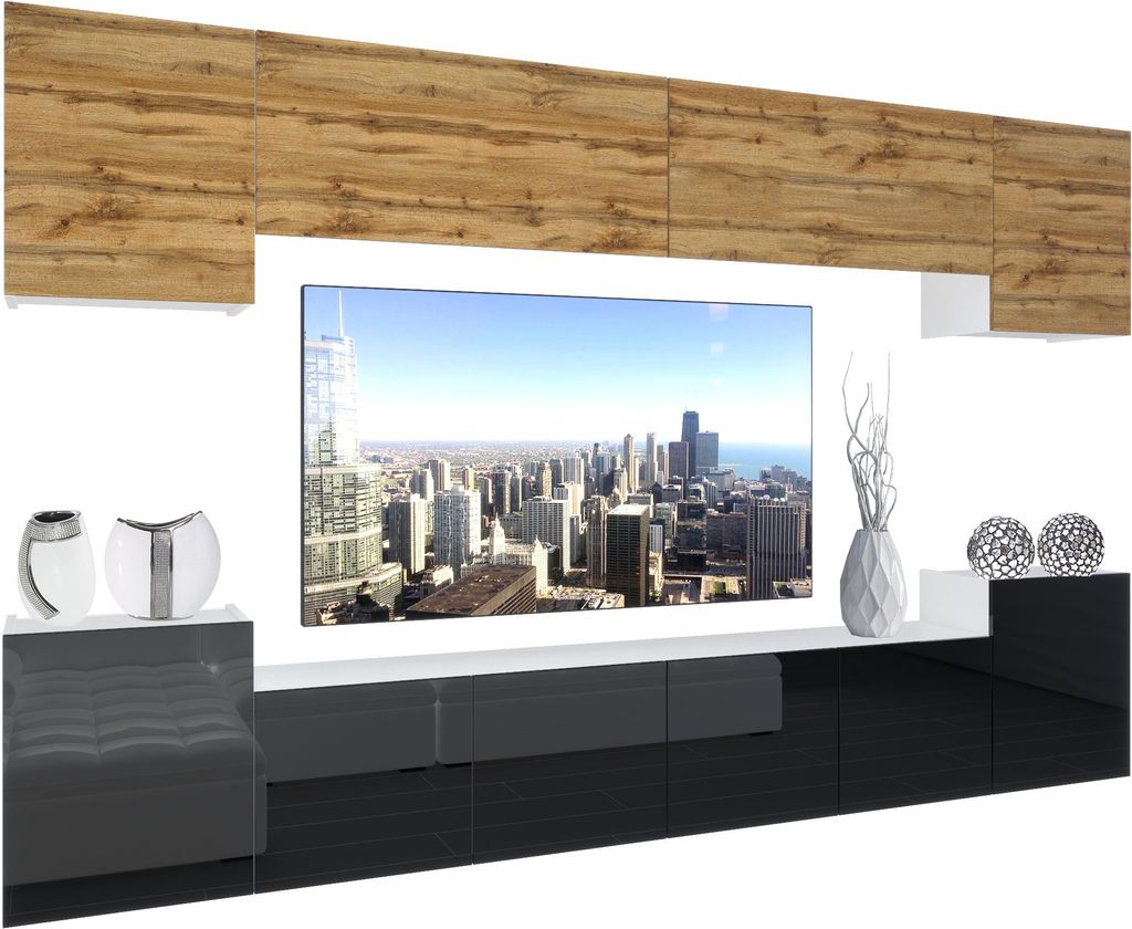BELINI Wohnwand Vollausstattung Wohnzimmer-Set Moderne Schrankwand mit LED-Beleuchtung Weiß Glänzend Anbauwand TV-Schrank Wotan Eiche / Schwarz G...