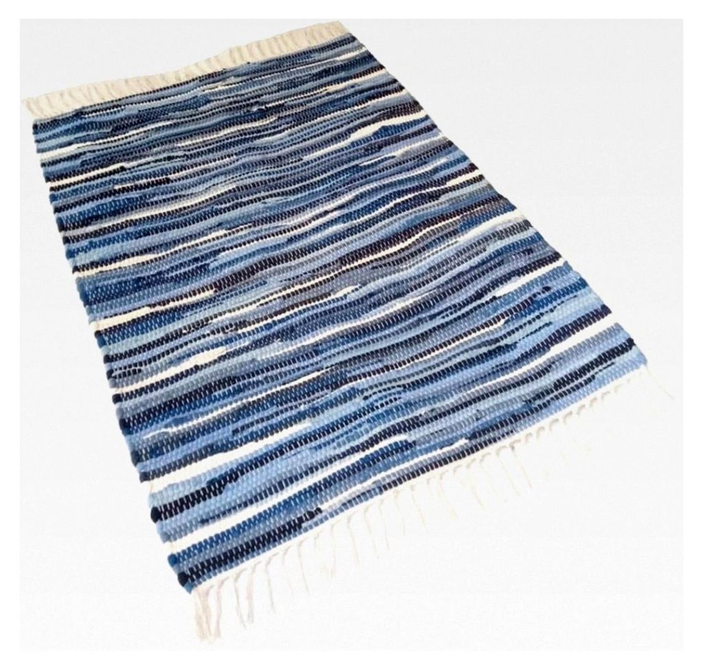 Handgewebter Teppich Fleckerlteppich gestreift 100% Baumwolle Waschbar NEU (ca. 40x60 cm, Tonal Blau gestreift)