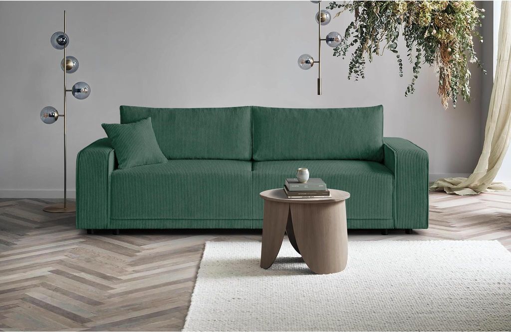 Schlafsofa Primo modernes Sofa aus Cordstoff Couch mit Schlaffunktion Bettkasten, Stoff: poso 14 - grün