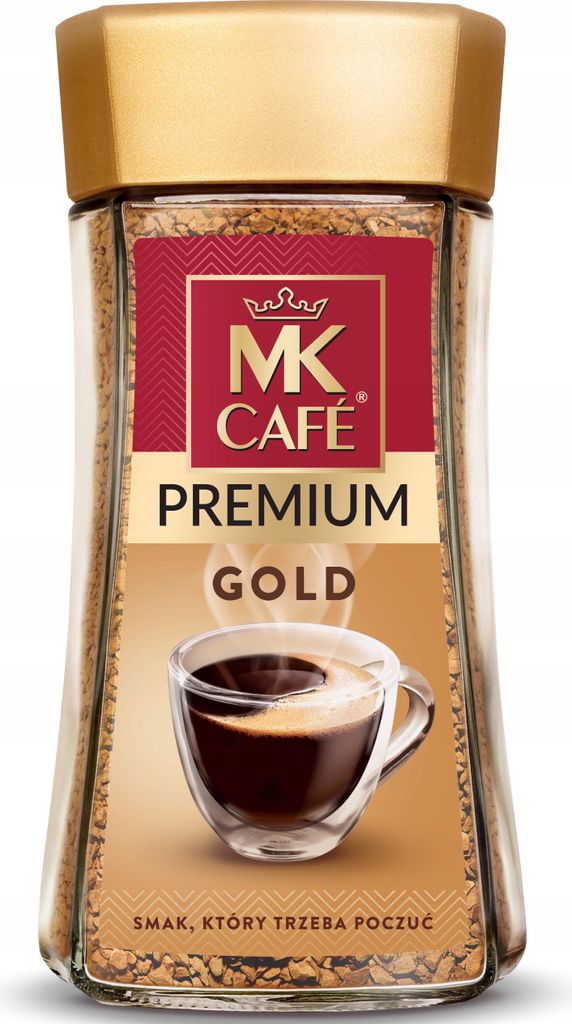 A jar of MK Cafe Premium Gold instant coffee.