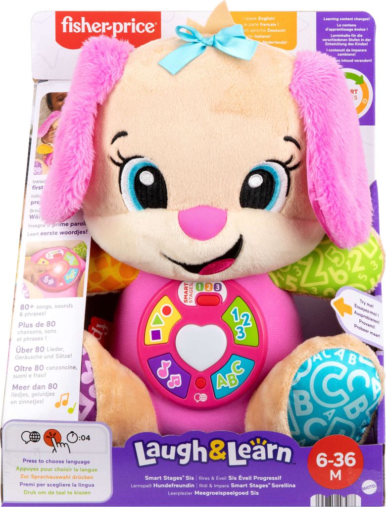 Mattel Fisher-Price Lernspaß Smart Stages Plüsch-Hundefreundin für Babys, musikalisches Lernspielzeug, mehrsprachige Version