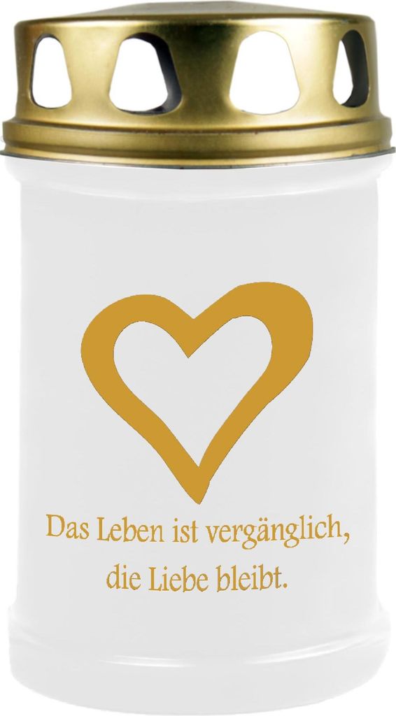 Grabkerze Weiß ( Druck Gold ), Brenndauer: 48 Stunden, Motiv: Herz