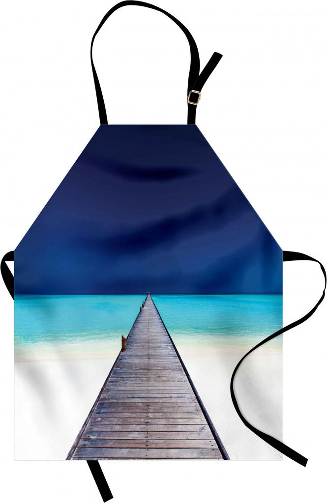 ABAKUHAUS Landschaft Kochschürze, Hölzernes langes Anlegestellen-Strand-Sand-Kristallwasser-tropisches hawaiisches Paradies, Farbfest Höhenverst...