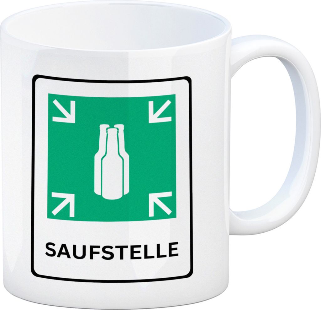 Saufstelle Kaffeebecher mit Bier Motiv und Spruch