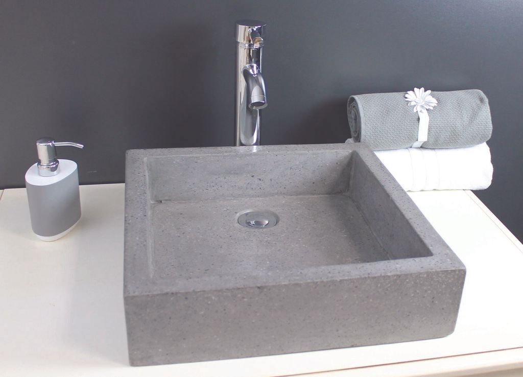ONDEE ZEN – Quadratisches Aufsatzwaschbecken TIMBRE – Grau – 40 cm – Terrazzo – Ohne Überlauf