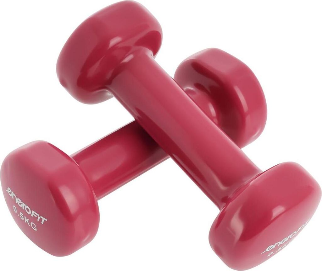 Two pink dumbbells are crossed over each other on a white background.