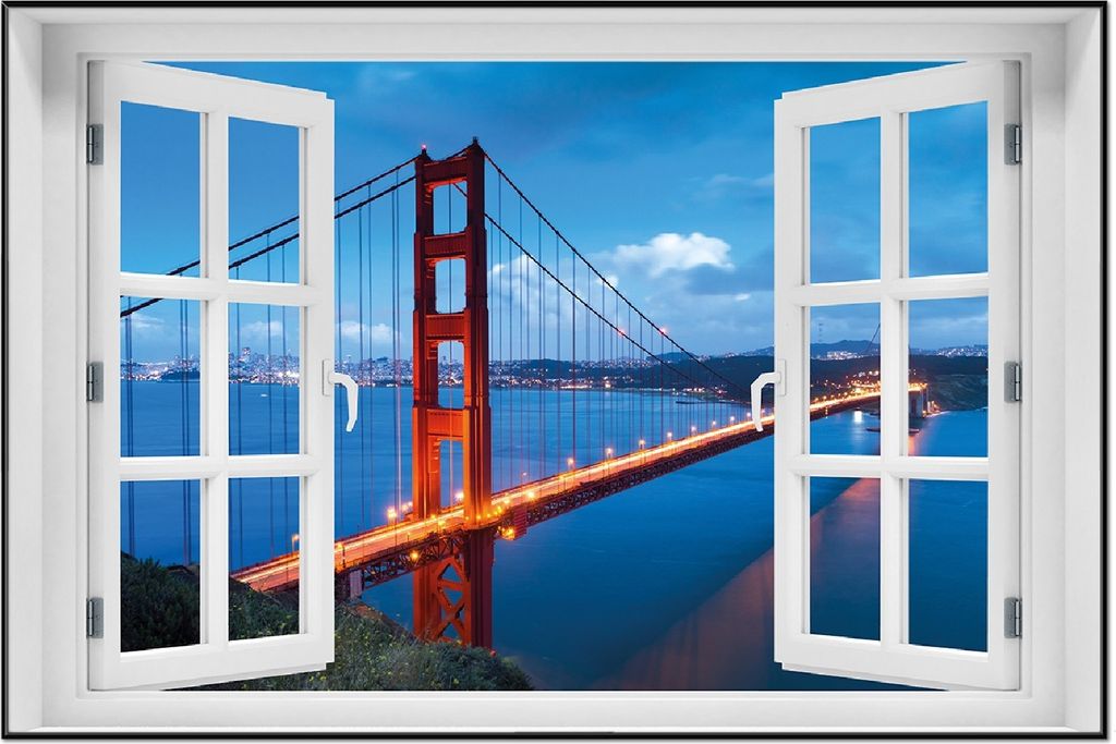 Wallario Wandbild mit Fenster-Illusion: Golden Gate Bridge in San Francisco USA, Größe: 61 x 91,5 cm, Poster mit schwarzem Aluminiumrahmen