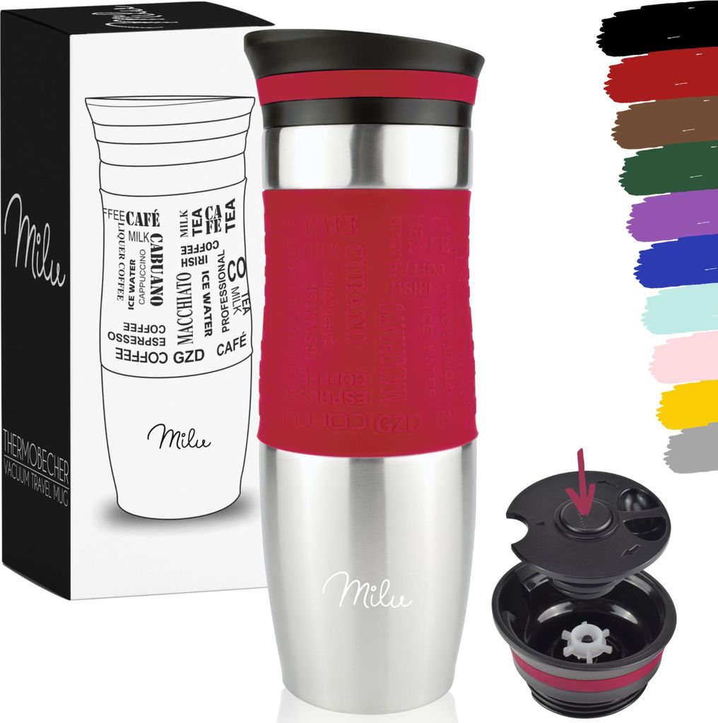 Milu Thermobecher Kaffee, 450ml Isolierbecher Kaffeebecher - 100% Auslaufsicher - Trinkbecher Edelstahl - Autobecher doppelwand Isolierung, Rot