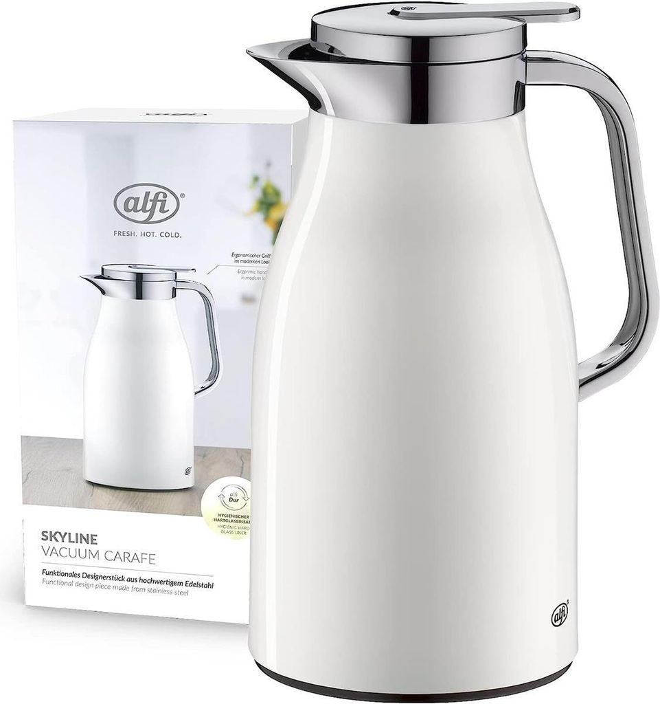 A white alfi vacuum carafe is shown next to its packaging.