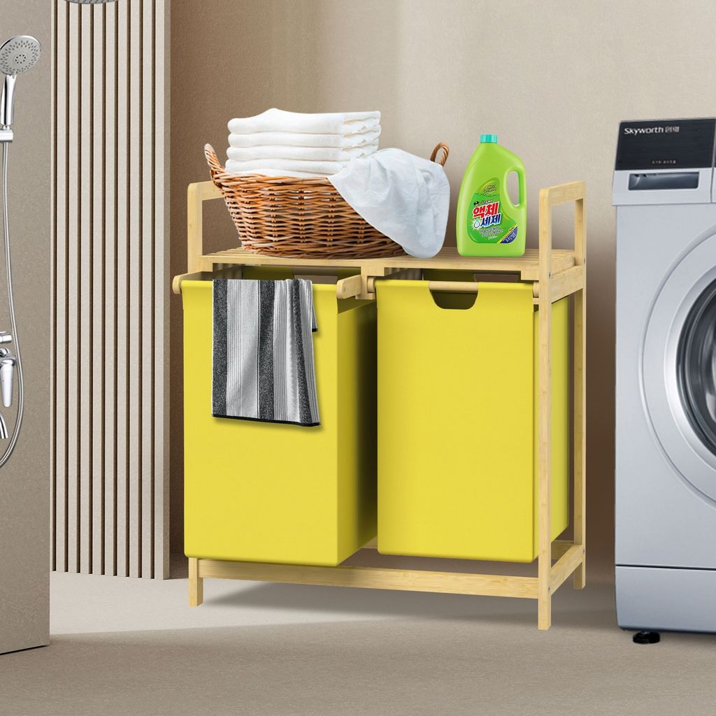 ML-Design Wäschekorb aus Bambus, Gelb, mit 2 ausziehbaren Wäschesäcken 60L