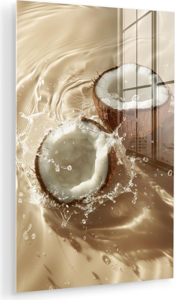 MuchoWow Glasbilder - Bilder auf Wandbild - Foto auf Glas Kokosnuss - Wasser - Beige - Spritzer 80x120 cm Wanddekoration aus Glas - Acrylglasbild -...