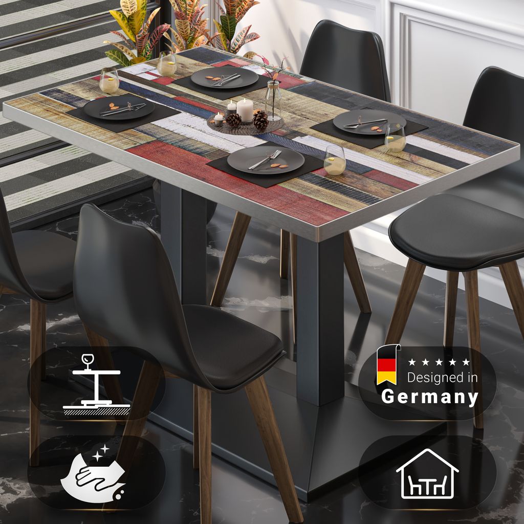 BPA | Bistro Tisch | 120 x 70 x 81 cm | Rechteckig | Edelstahl Rand | Vintage Bunt / Schwarz | Bistrotisch Gastro Tisch