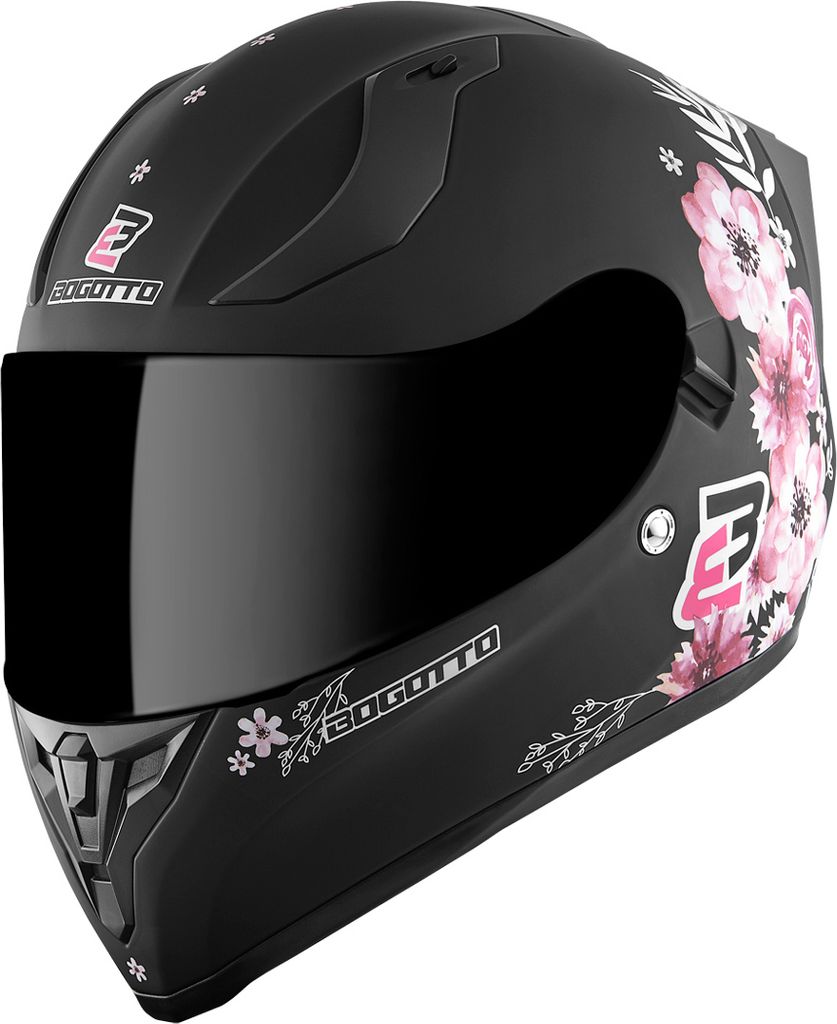 A black motorcycle helmet with pink floral accents and branding.