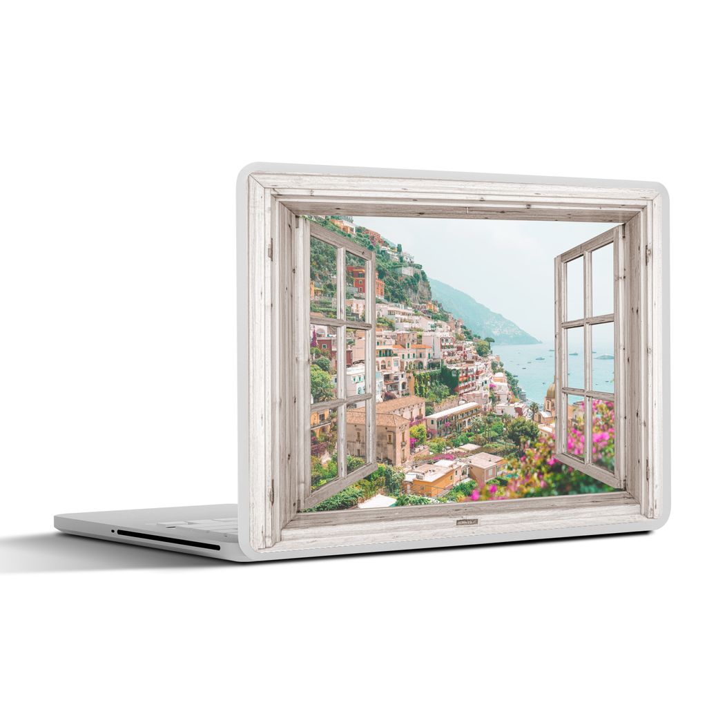 MuchoWow Laptop Aufkleber Sticker Cover Ausblick - Italien - Blumen - Meer - Küste - Stadt - Berge 40x30 cm - Laptop Dekoration - Selbstklebend