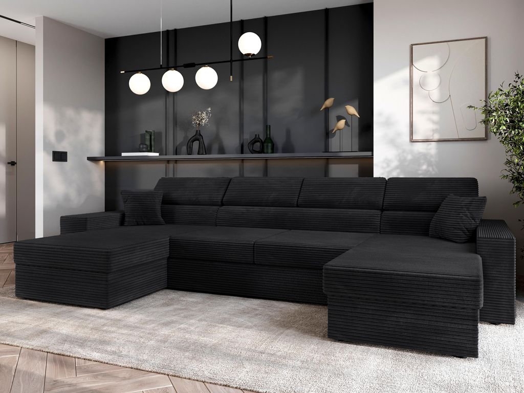 AX LIVING Belek U Form Cord Sofa Schwarz mit Bettkasten 355 cm