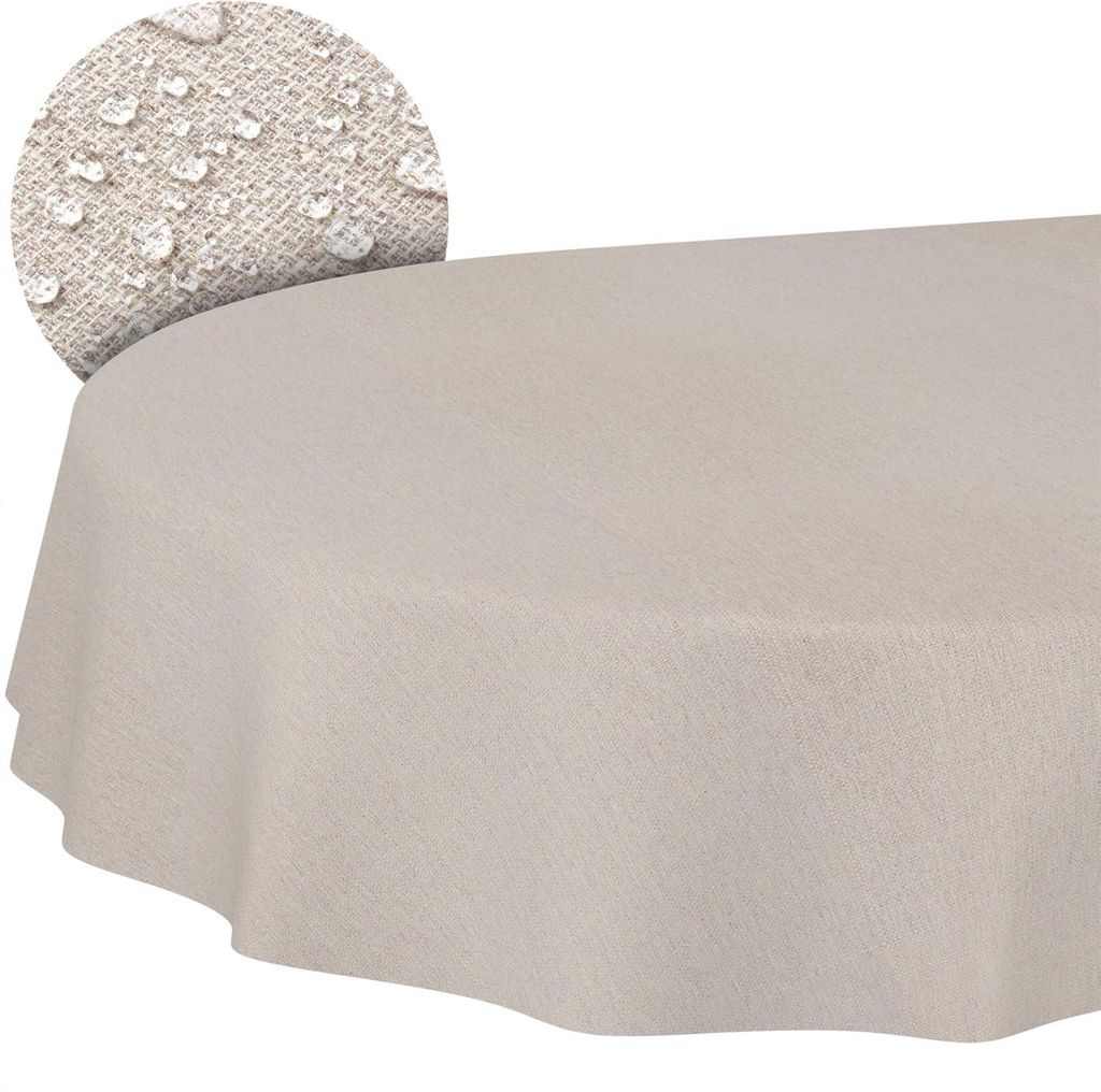 Ovale Tischdecke aus Baumwolle/Polyester, 180 x 140 cm, einfarbig beige/graues Damast-Jacquardmuster, waschbarer Schnittrand