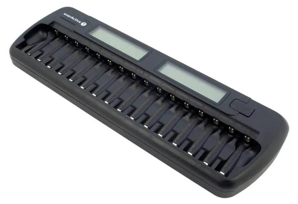 everActive Ladegerät für 16 Akkus AAA AA, schnelle Ladung - 4 Stunden Akku-Set, LCD Anzeige, Auffrischungsmodus, KFZ Adapter
