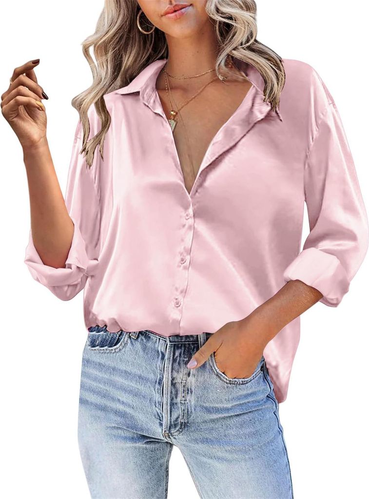 ASKSA Damen Satin Bluse V-Ausschnitt Hemde Elegant Knoepfen Oberteile Casual Einfarbig Tunika Langarmshirt (Pink,M)